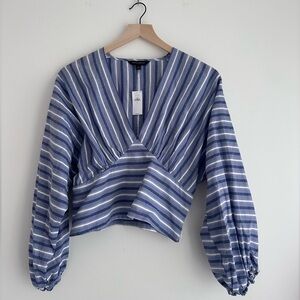 Banana Republic Blue and White Striped V-Neck Blouse